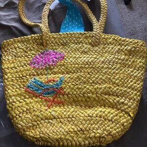 NWT QVC Quacker Factory Corn Husk Beach Tote Bag Embroidered Polka Dot Lined